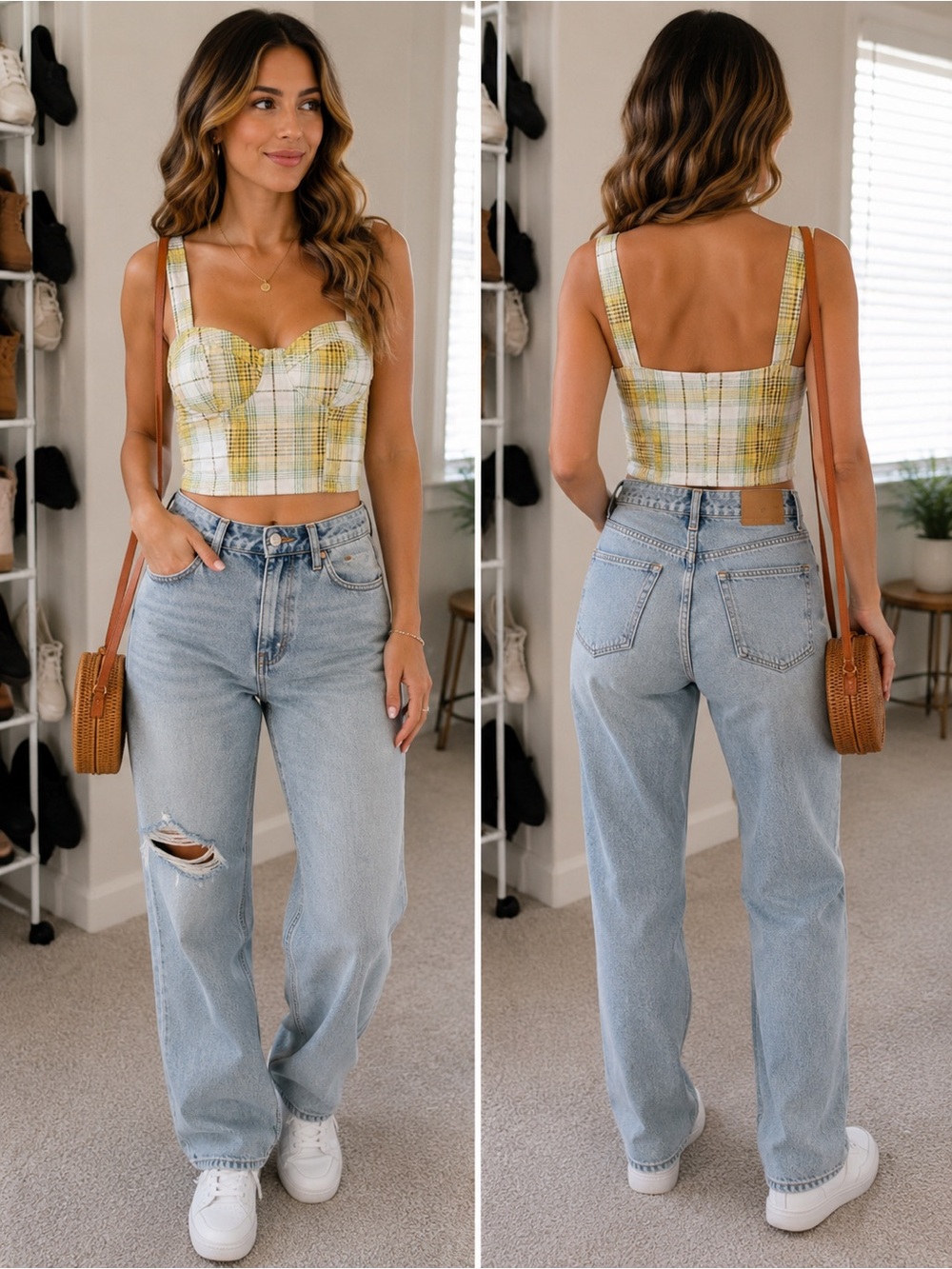 Plaid Crop Top - Size Small - Yellow Green Bustier - Cottagecore Coquette